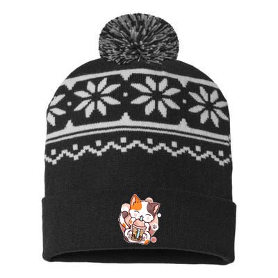 Cat Boba Tea Kawaii USA-Made Snowflake Beanie