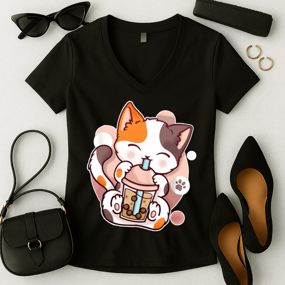 Cat Boba Tea Kawaii Women's V-Neck T-Shirt