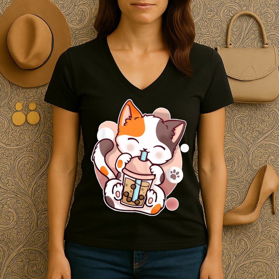 Cat Boba Tea Kawaii Women's V-Neck T-Shirt