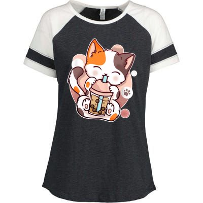 Cat Boba Tea Kawaii Enza Ladies Jersey Colorblock Tee