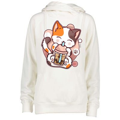 Cat Boba Tea Kawaii Womens Funnel Neck Pullover Hood