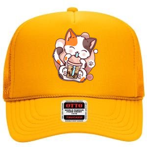 Cat Boba Tea Kawaii High Crown Mesh Back Trucker Hat