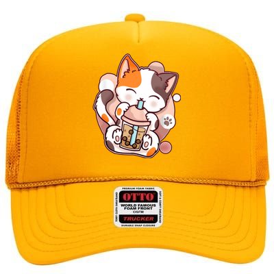 Cat Boba Tea Kawaii High Crown Mesh Back Trucker Hat