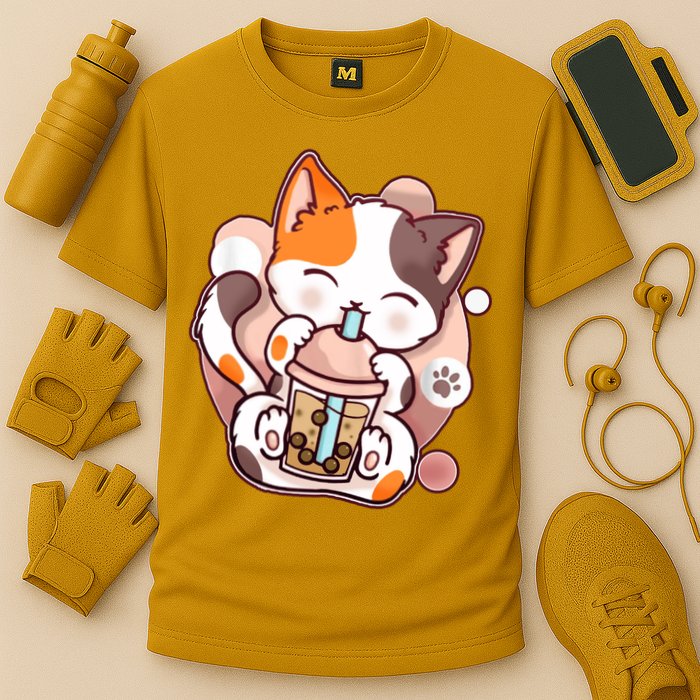 Cat Boba Tea Kawaii Cooling Performance Crew T-Shirt