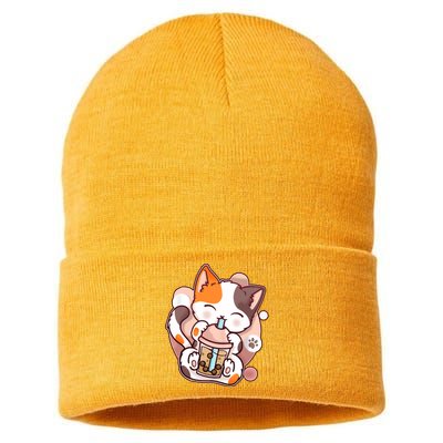 Cat Boba Tea Kawaii Sustainable Knit Beanie