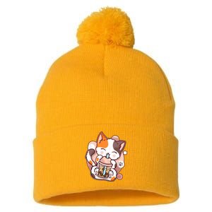 Cat Boba Tea Kawaii Pom Pom 12in Knit Beanie