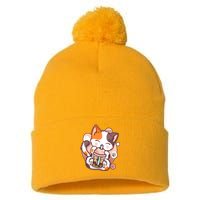 Cat Boba Tea Kawaii Pom Pom 12in Knit Beanie