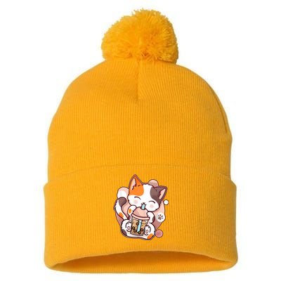 Cat Boba Tea Kawaii Pom Pom 12in Knit Beanie