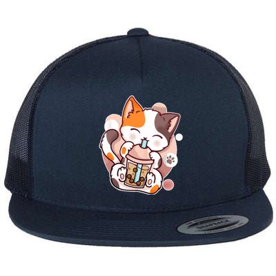 Cat Boba Tea Kawaii Flat Bill Trucker Hat