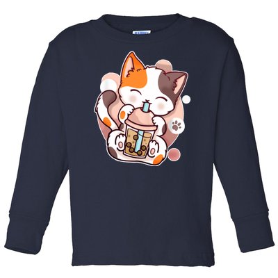 Cat Boba Tea Kawaii Toddler Long Sleeve Shirt