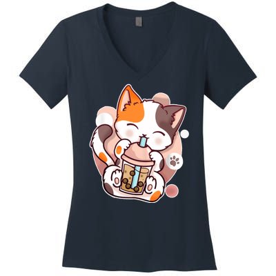 Cat Boba Tea Kawaii Women's V-Neck T-Shirt