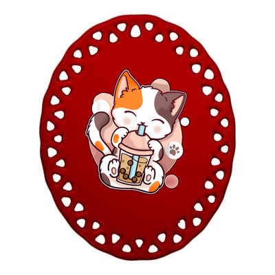 Cat Boba Tea Kawaii Ceramic Oval Ornament