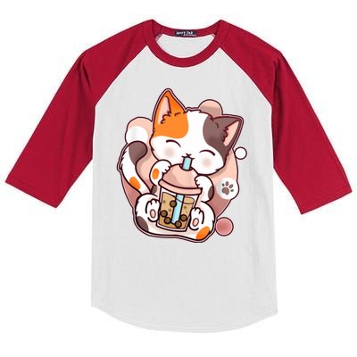 Cat Boba Tea Kawaii Kids Colorblock Raglan Jersey