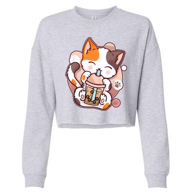 Cat Boba Tea Kawaii Cropped Pullover Crew