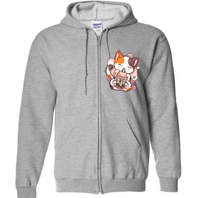 Cat Boba Tea Kawaii Full Zip Hoodie