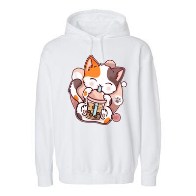 Cat Boba Tea Kawaii Garment-Dyed Fleece Hoodie