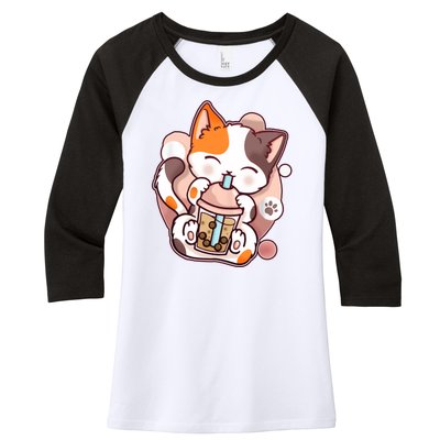 Cat Boba Tea Kawaii Women's Tri-Blend 3/4-Sleeve Raglan Shirt