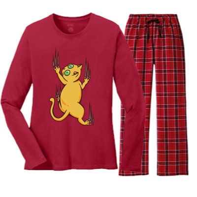 Cat Climbing Women's Long Sleeve Flannel Pajama Set 