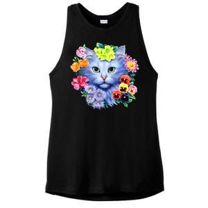 Cat Face With Flowers Ladies PosiCharge Tri-Blend Wicking Tank