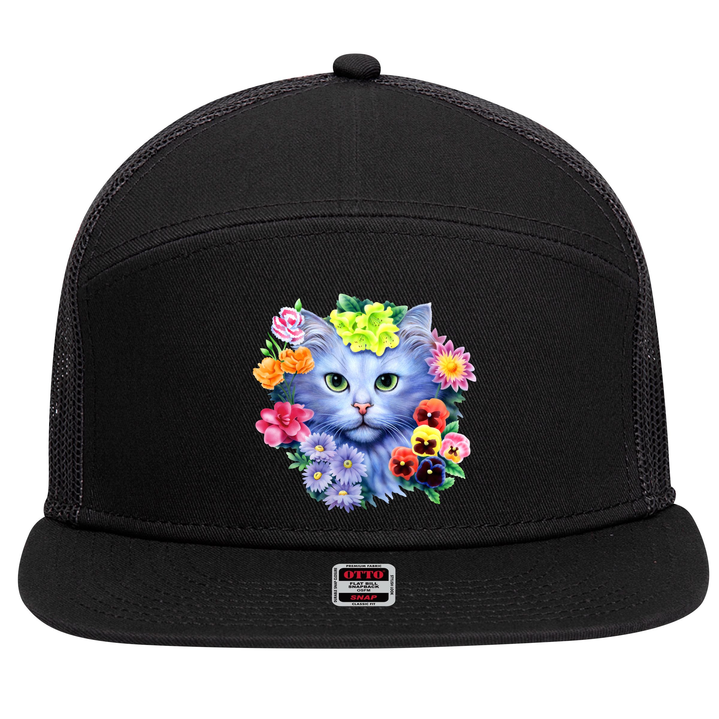 Cat Face With Flowers 7 Panel Mesh Trucker Snapback Hat