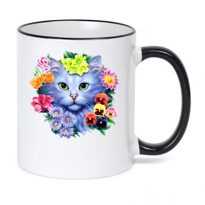 Cat Face With Flowers 11oz Black Color Changing Mug