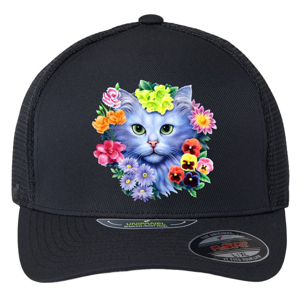 Cat Face With Flowers Flexfit Unipanel Trucker Cap