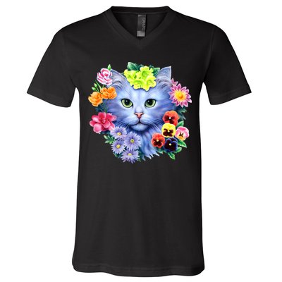 Cat Face With Flowers V-Neck T-Shirt