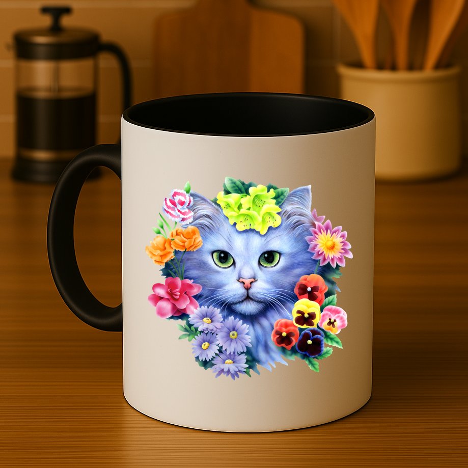 Cat Face With Flowers Mug