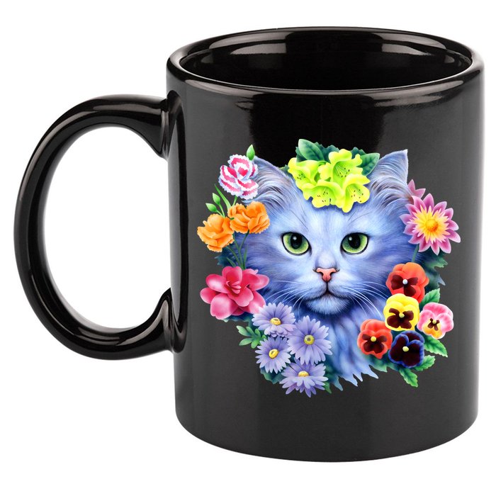 Cat Face With Flowers 11oz C Handle Ceramic Mug