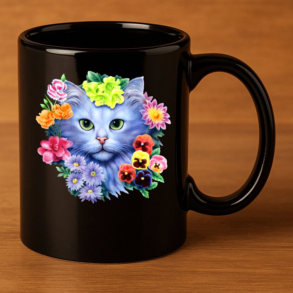 Cat Face With Flowers 11oz C Handle Ceramic Mug