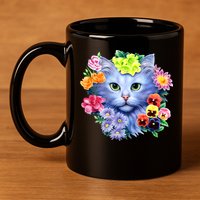 Cat Face With Flowers 11oz C Handle Ceramic Mug