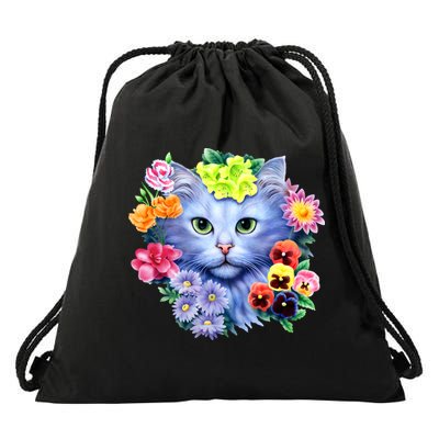 Cat Face With Flowers Drawstring Bag