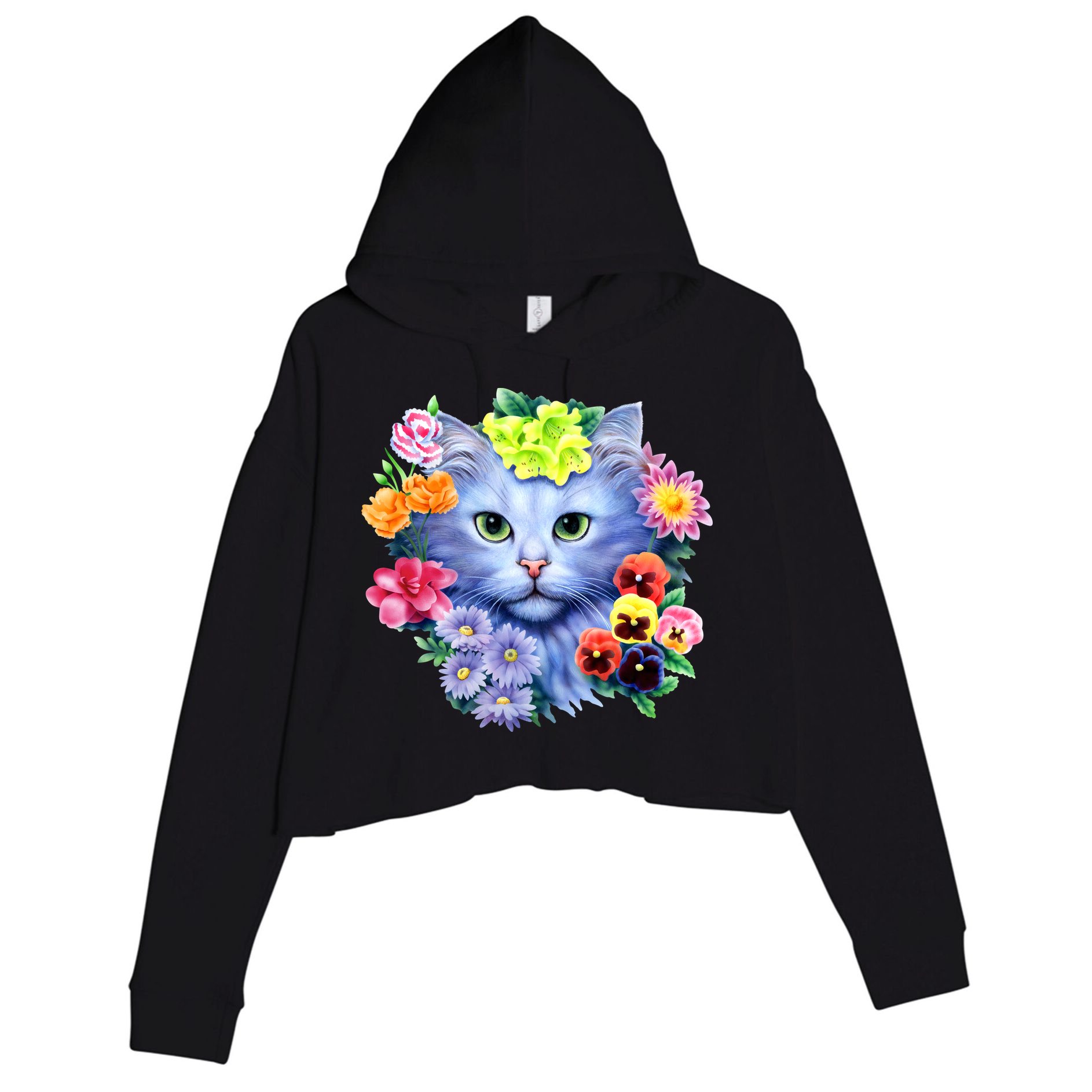 Cat Face With Flowers Crop Fleece Hoodie