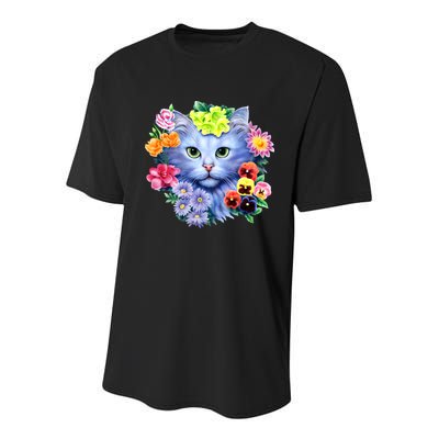 Cat Face With Flowers Youth Performance Sprint T-Shirt