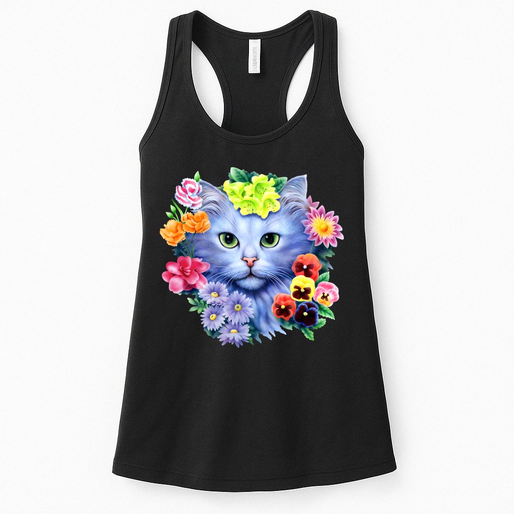 Cat Face With Flowers Womens Tank Top