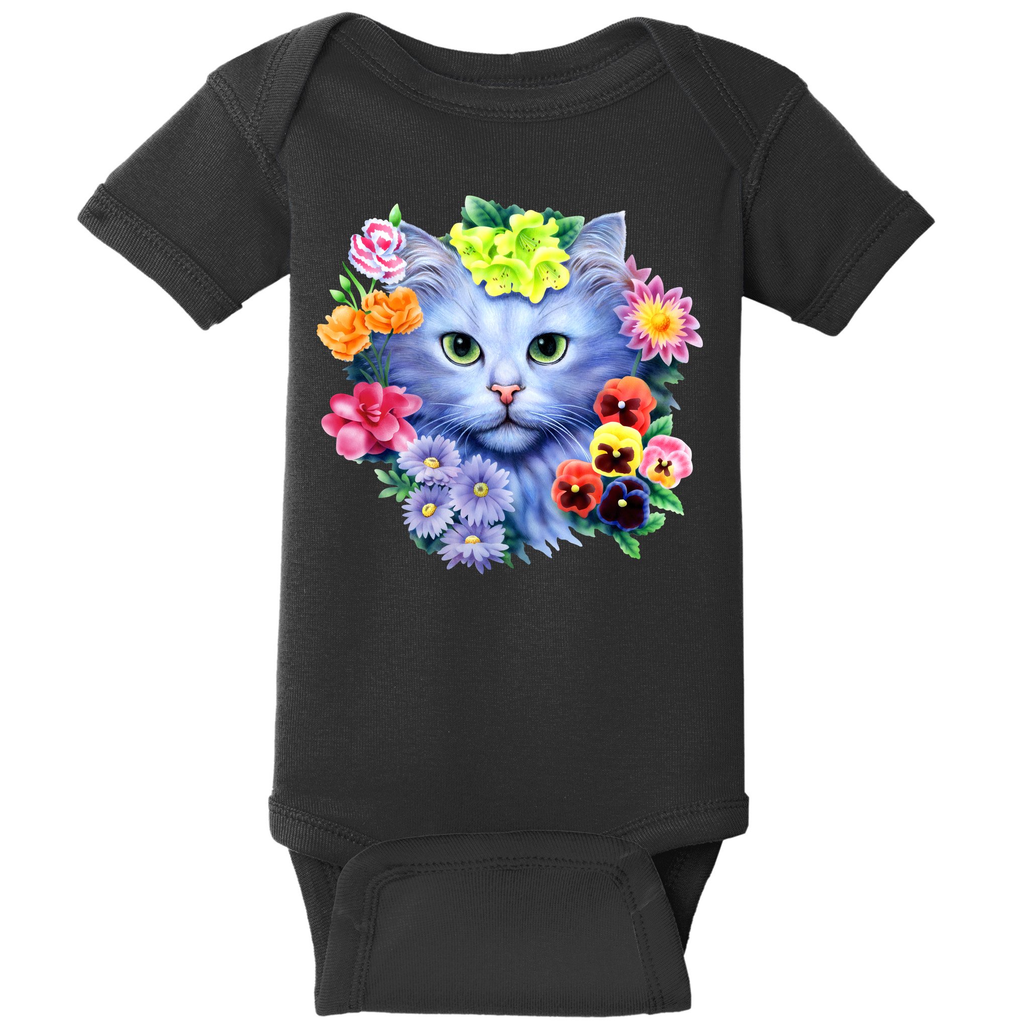 Cat Face With Flowers Baby Bodysuit