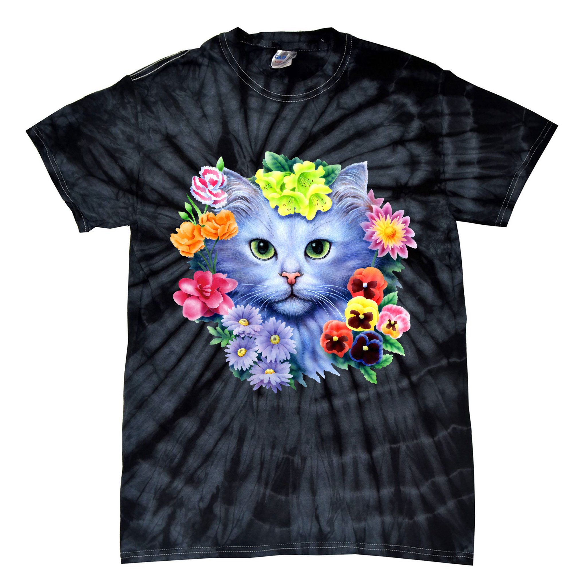 Cat Face With Flowers Tie-Dye T-Shirt