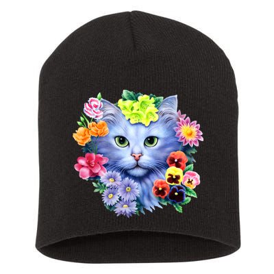 Cat Face With Flowers Short Acrylic Beanie
