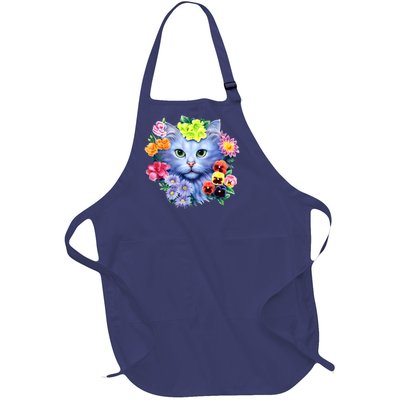 Cat Face With Flowers Full-Length Apron With Pockets