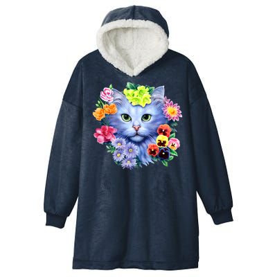 Cat Face With Flowers Hooded Wearable Blanket