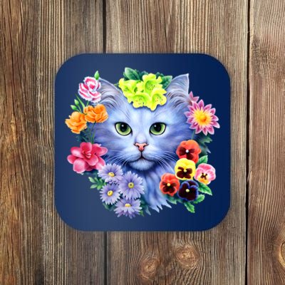 Cat Face With Flowers Coaster