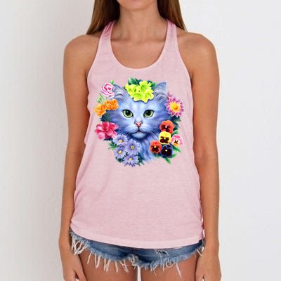 Cat Face With Flowers Women's Knotted Racerback Tank