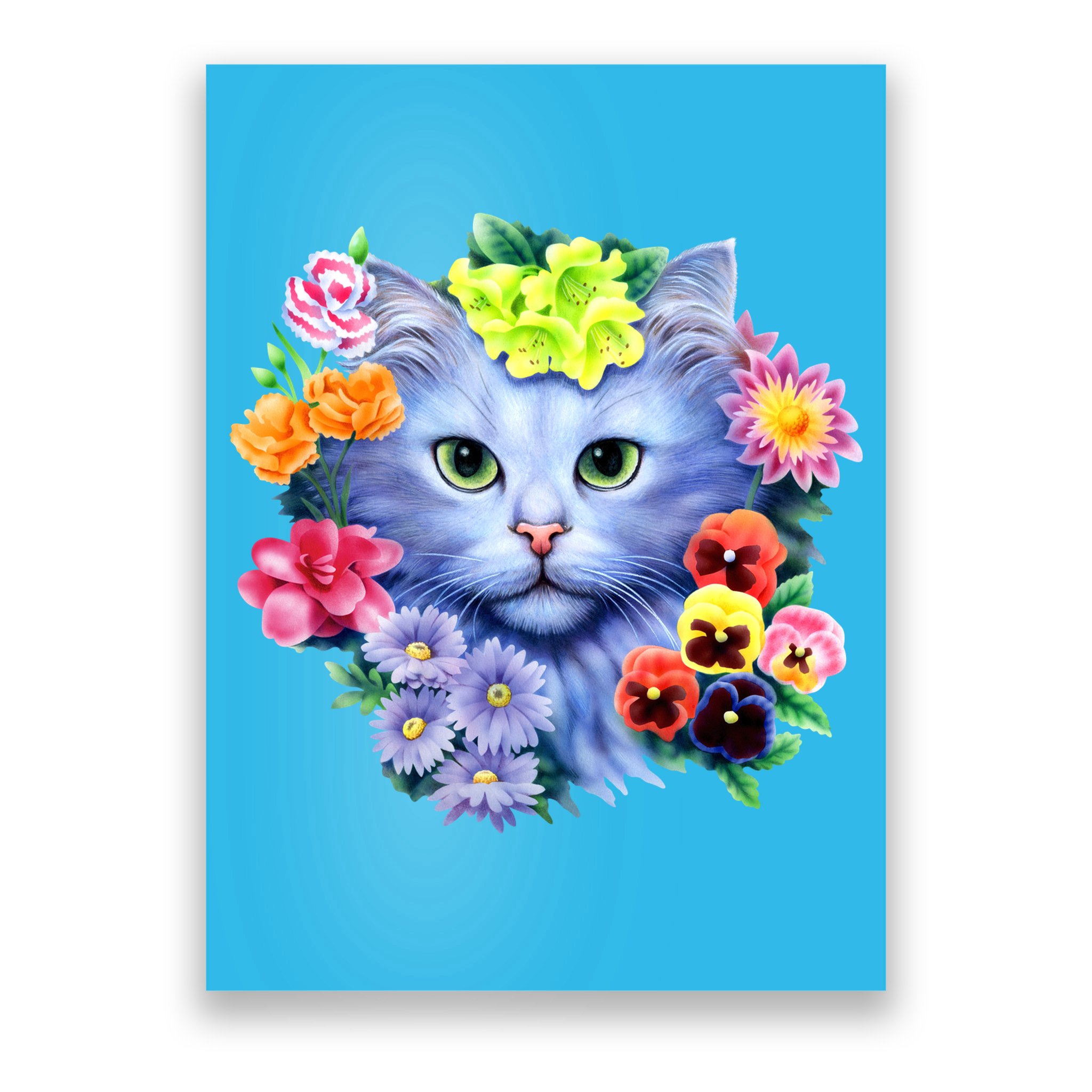 Cat Face With Flowers Poster