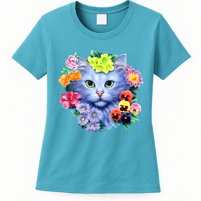 Cat Face With Flowers Womens T-Shirt