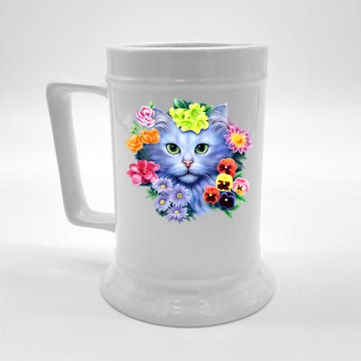 Cat Face With Flowers Beer Stein