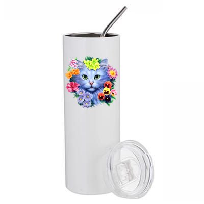 Cat Face With Flowers Stainless Steel Tumbler