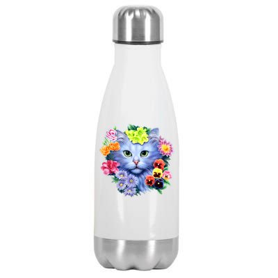 Cat Face With Flowers Stainless Steel Insulated Water Bottle