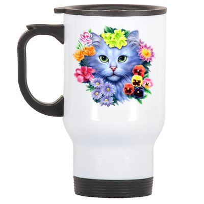 Cat Face With Flowers Stainless Steel Travel Mug