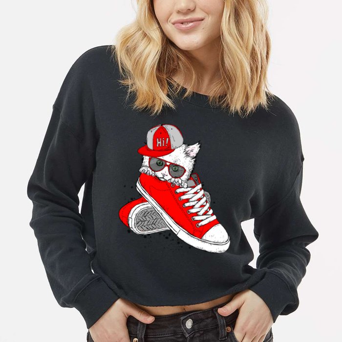 Cat In Red Sneakers Cropped Pullover Crew