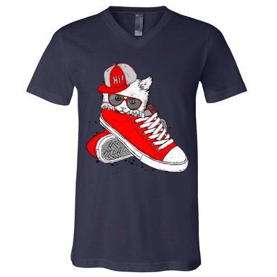 Cat In Red Sneakers V-Neck T-Shirt